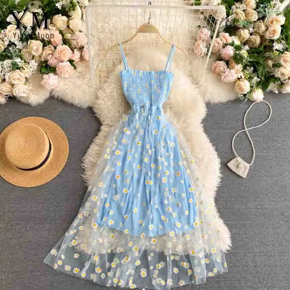 Damen Sommerkleid Mesh Gänseblümchenmuster Spaghettiträger