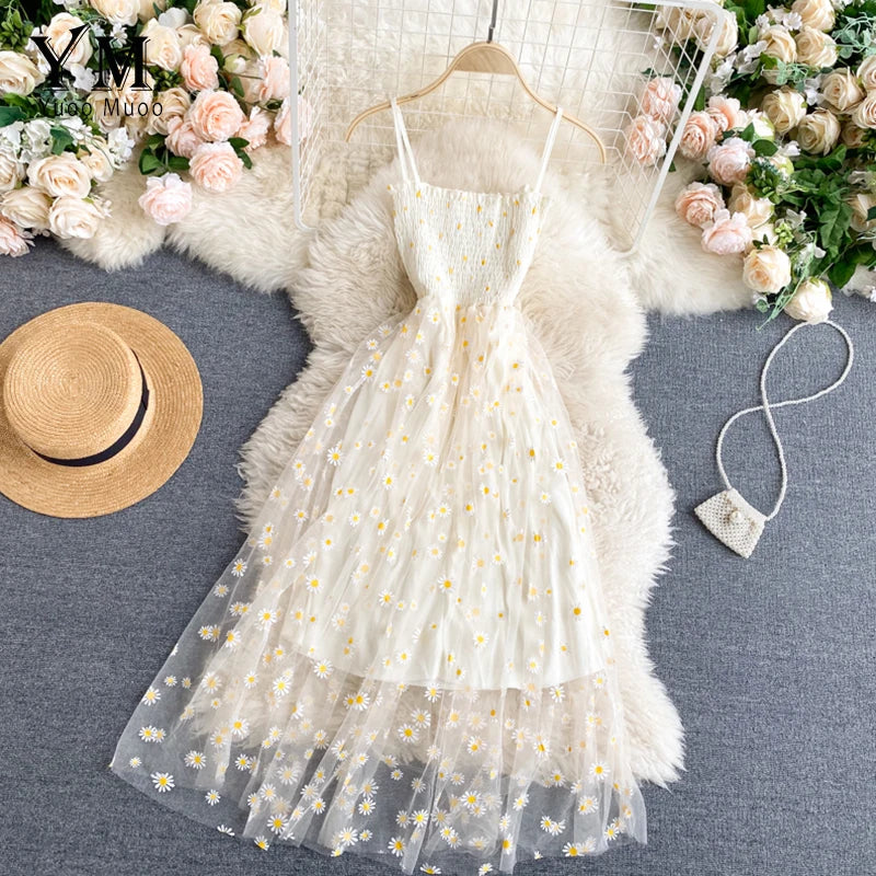 Damen Sommerkleid Mesh Gänseblümchenmuster Spaghettiträger