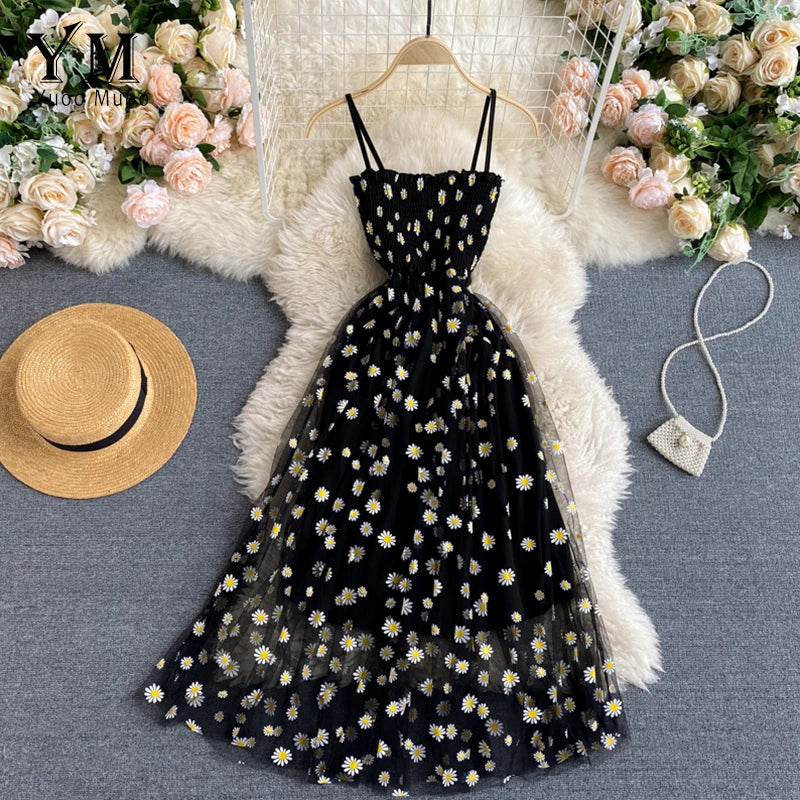 Damen Sommerkleid Mesh Gänseblümchenmuster Spaghettiträger