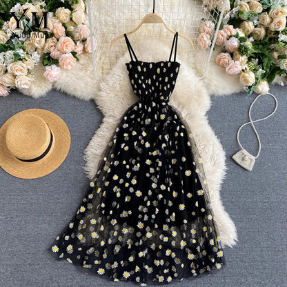 Damen Sommerkleid Mesh Gänseblümchenmuster Spaghettiträger