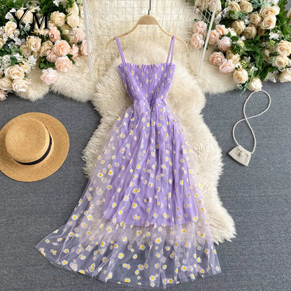 Damen Sommerkleid Mesh Gänseblümchenmuster Spaghettiträger
