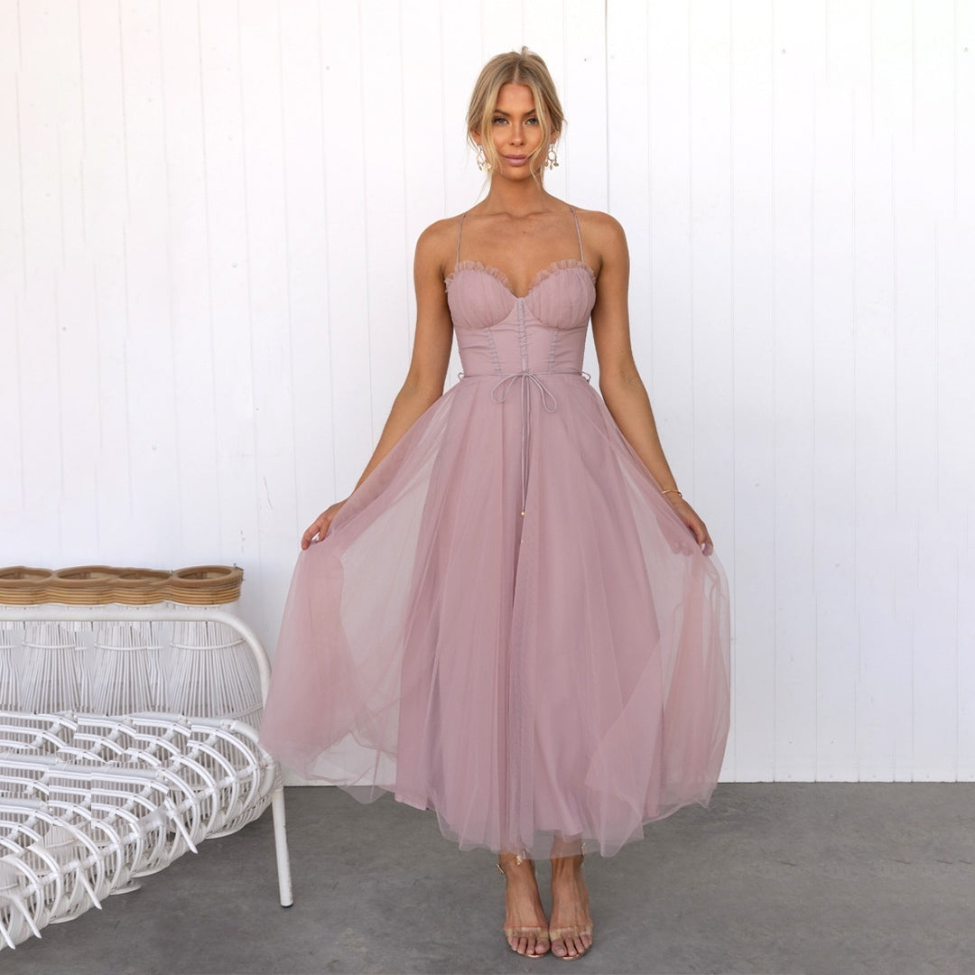 Damen Maxikleid Schulterfrei Netz