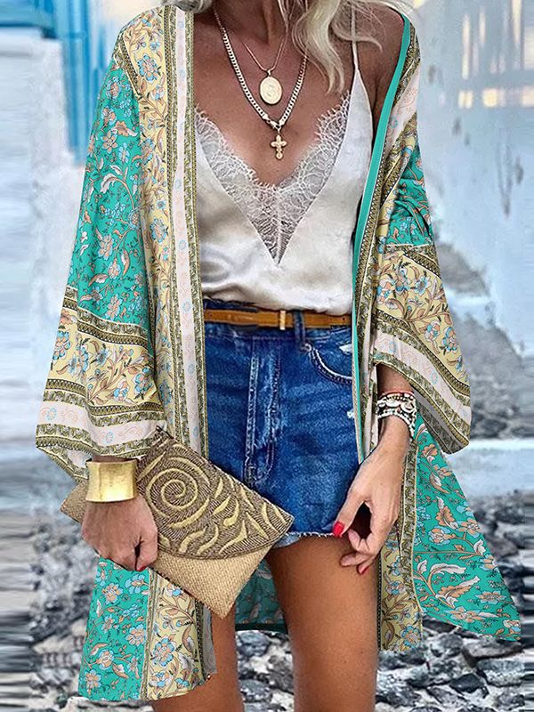 Norvielle Damen Boho Kimono Mittellang Bunt