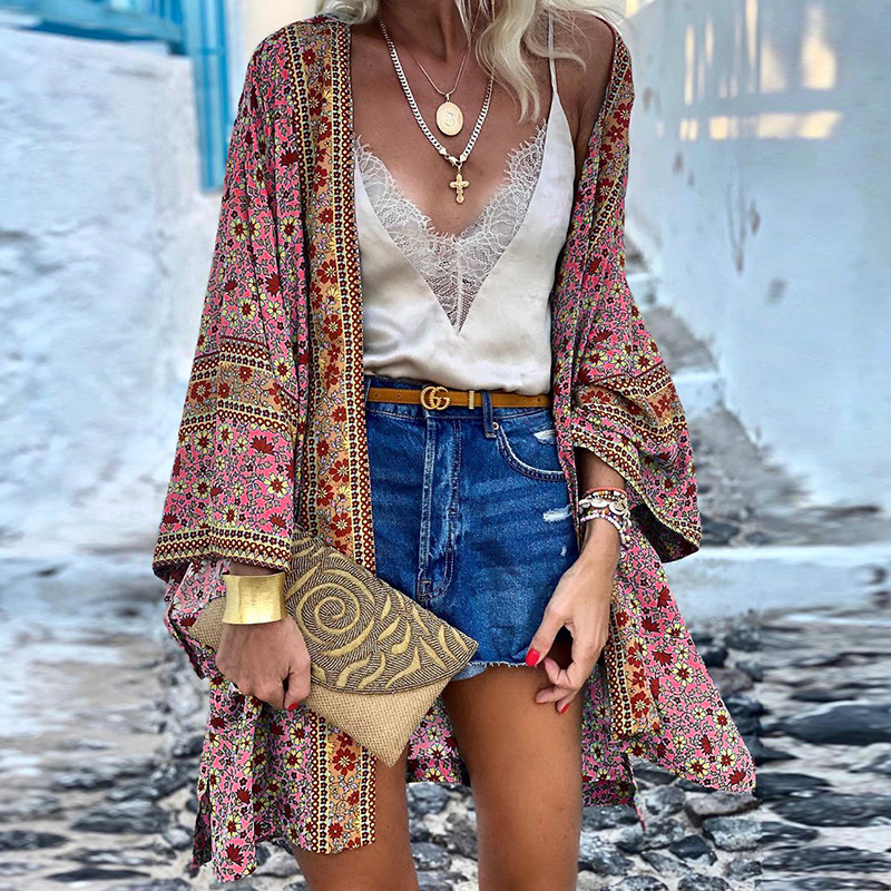 Norvielle Damen Boho Kimono Mittellang Bunt
