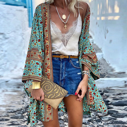 Norvielle Damen Boho Kimono Mittellang Bunt
