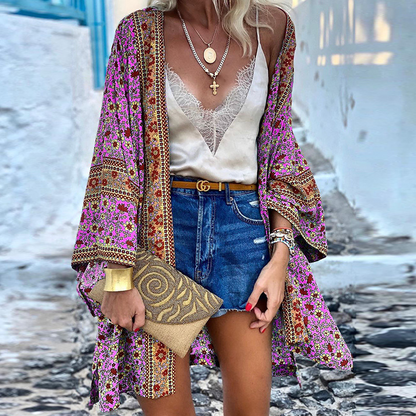 Norvielle Damen Boho Kimono Mittellang Bunt