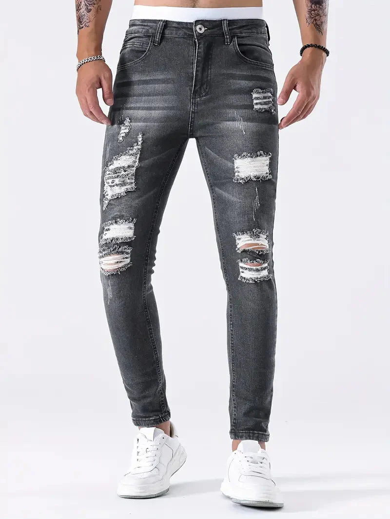 Zayden Zerrissene Jeans | Trendige Slim Fit Jeans für Männer-Grau-S-Chaps Herrenmode