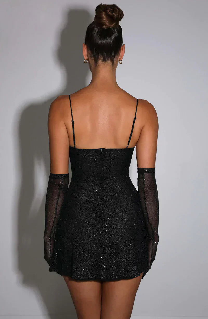 Damen Mini-Kleid Glänzend Mit Handschuhen