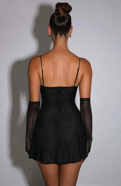 Damen Mini-Kleid Glänzend Mit Handschuhen
