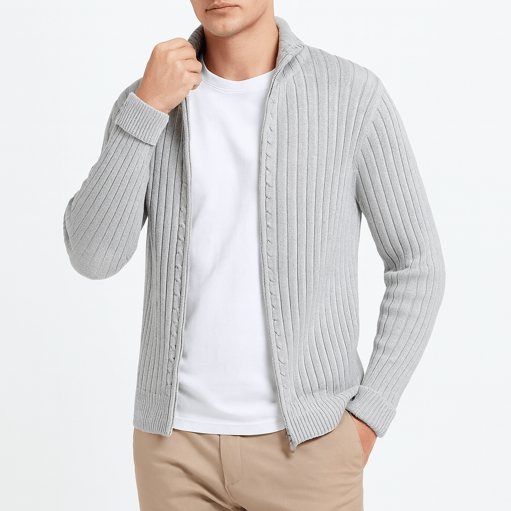 Herren Cardigan Gerippt Durchgehender Reißverschluss Gestrickt Beige - Norvielle
