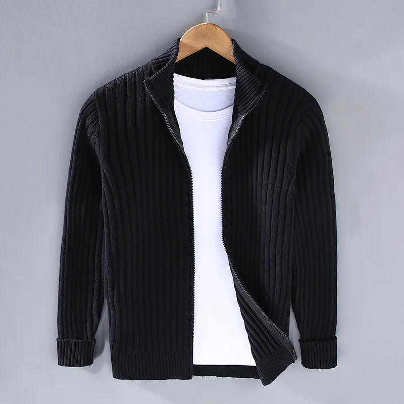 Herren Zip-Up Cardigan Voller Reißverschluss Gerippte Bündchen