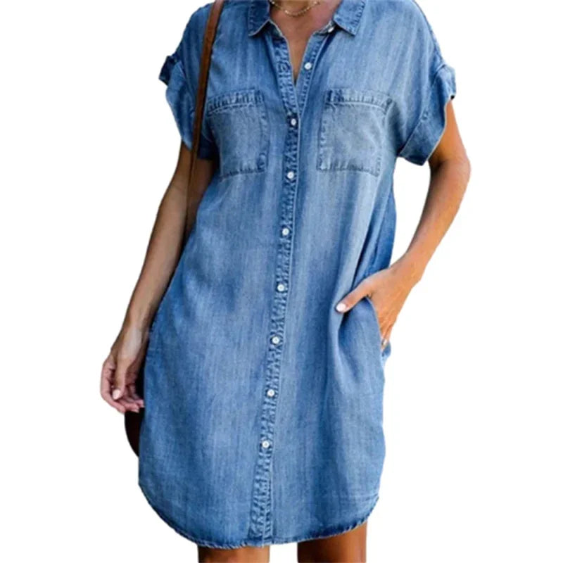 Norvielle Damen Denim Kleid Sommerblume Blau - Norvielle