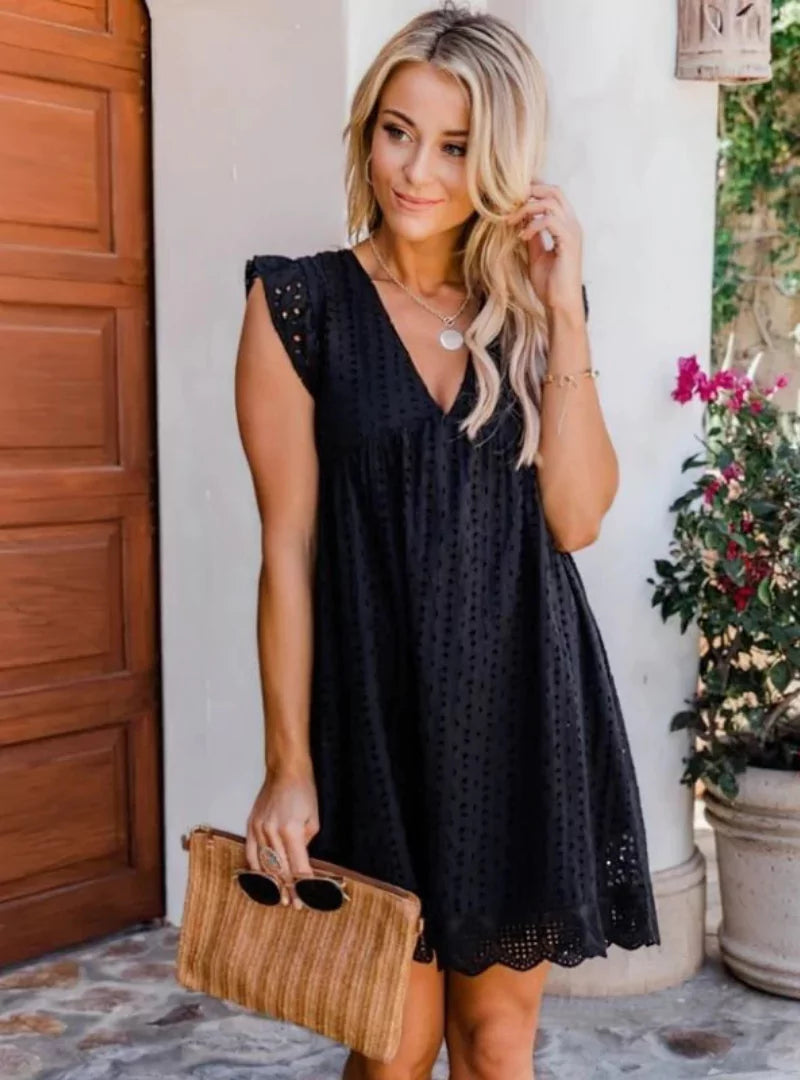 Damen Sommerkleid Spitzenstickerei V-Ausschnitt Lockere Passform - Norvielle