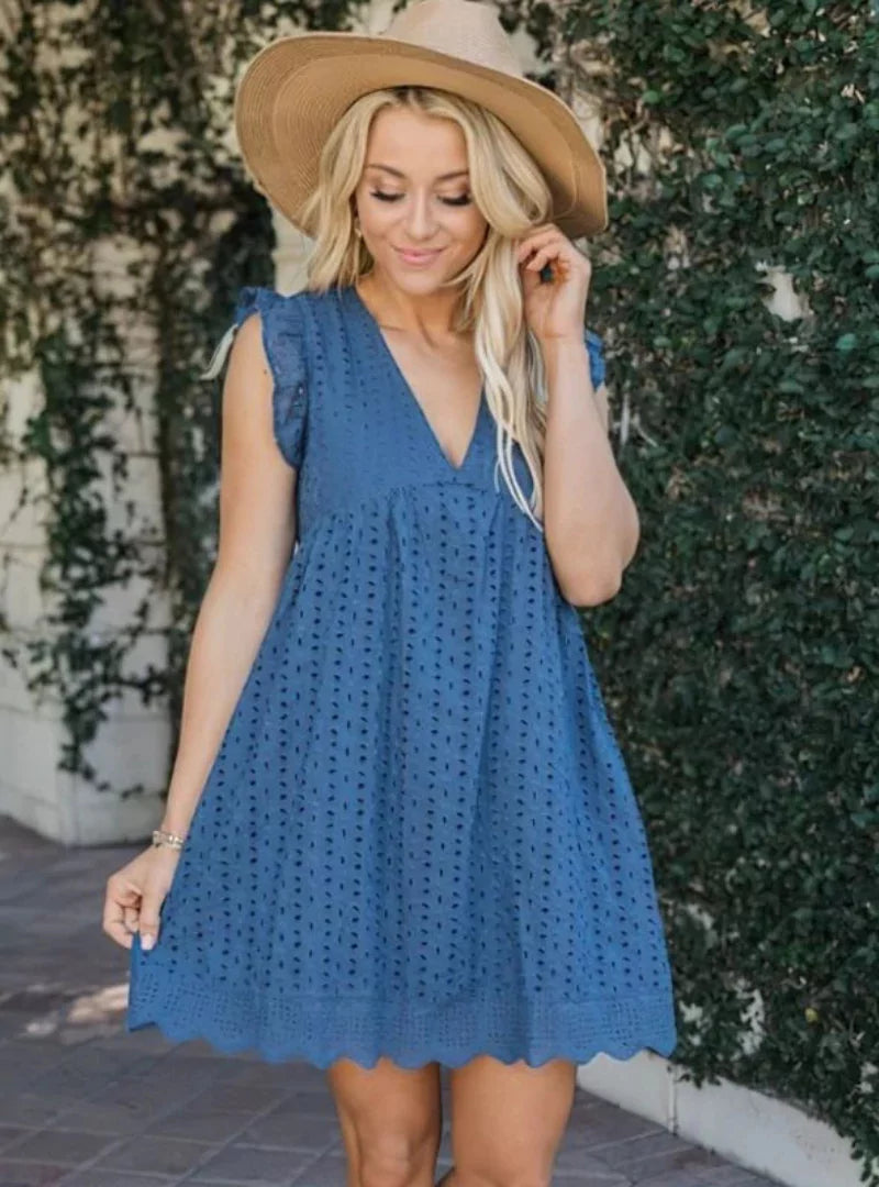 Damen Sommerkleid Spitzenstickerei V-Ausschnitt Lockere Passform