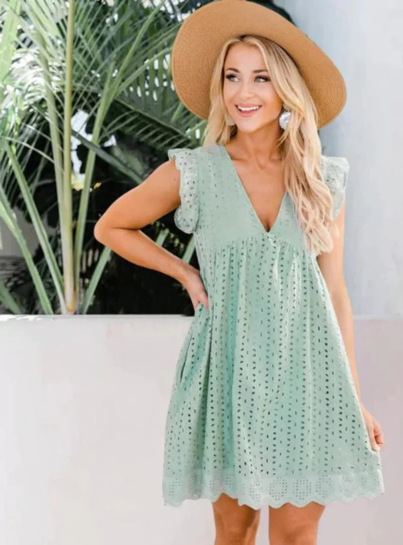 Damen Sommerkleid Spitzenstickerei V-Ausschnitt Lockere Passform