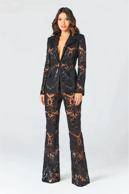 Damen Pailletten Blazer Hosen Set - Norvielle