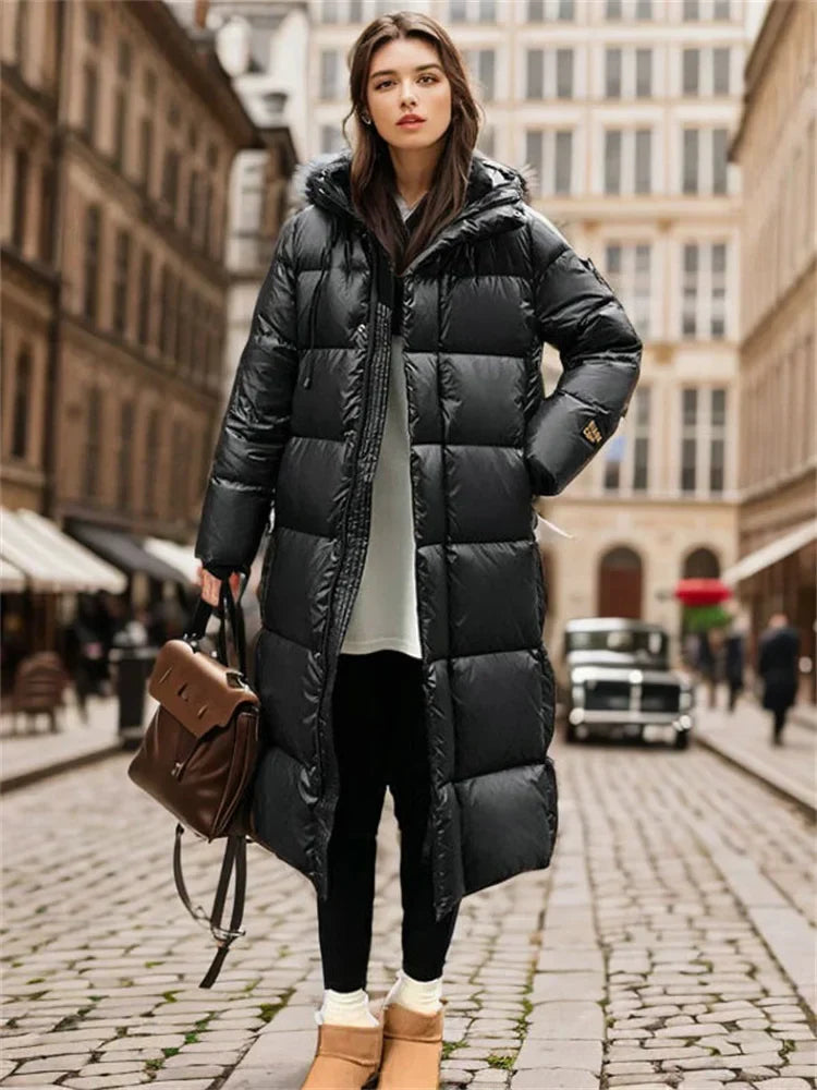 Damen Winterdaunenjacke Lang Mantel Gesteppt Kapuze