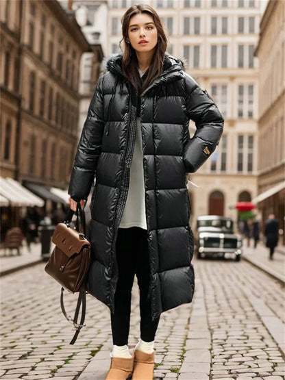 Damen Winterdaunenjacke Lang Mantel Gesteppt Kapuze