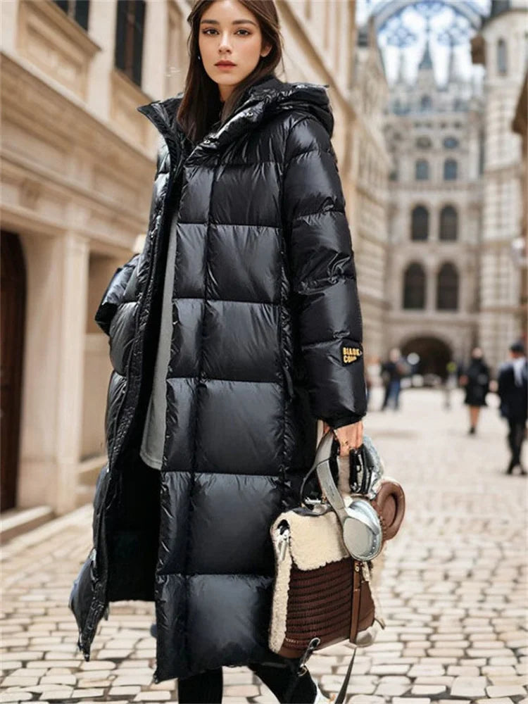 Damen Winterdaunenjacke Lang Mantel Gesteppt Kapuze
