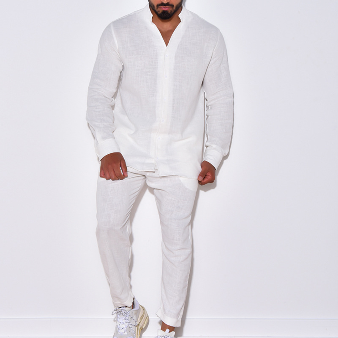 Herren Leinenanzug Langarm Hemd und Hose Set Beige - Norvielle