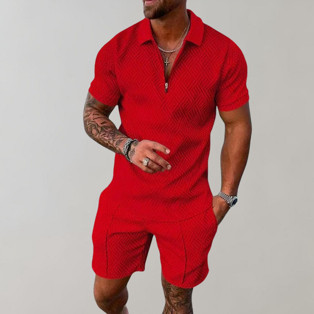 Zweiteiliges Set - Quarter Zip - Polo T-Shirt -Shorts und Shirt Set - Sommerkleidung für Männer-Rot-S-Chaps Herrenmode