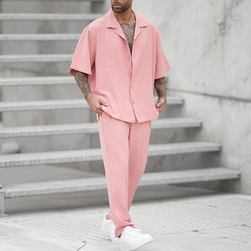 Herren Kurzarm Set Rosa Hose Hemd - Norvielle