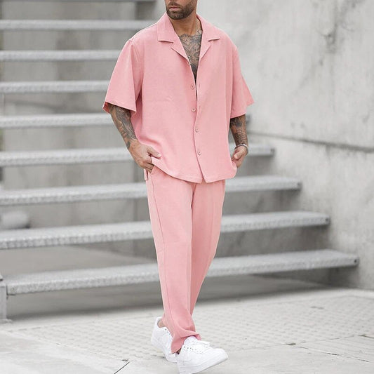 Herren Kurzarm Set Rosa Hose Hemd - Norvielle