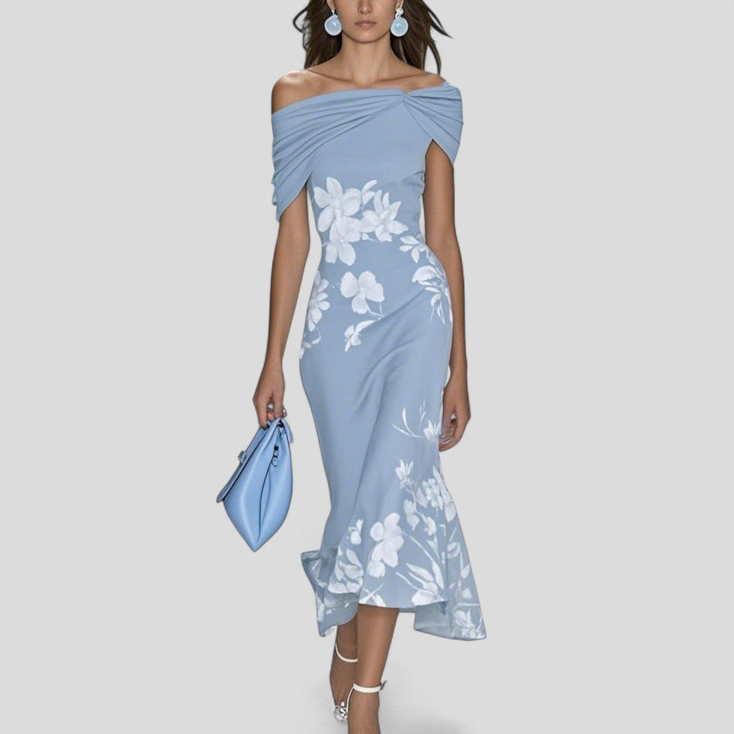 Damen Blumen Off-Shoulder Midi Kleid