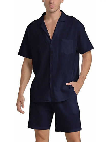 Herren Kurzarm-Hemd Shorts Set Baumwolle Sommerweiß