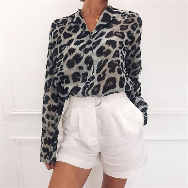 Damen Bluse Leopardenmuster Langer Ärmel Umschlagbarer Kragen - Norvielle