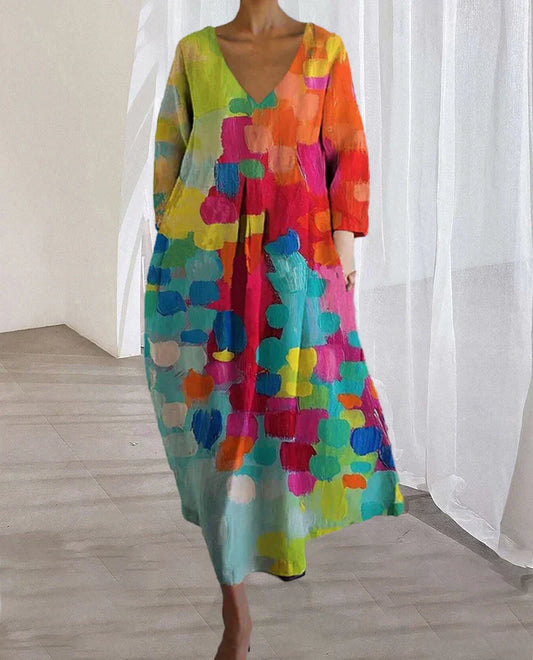 Buntes Damenkleid V-Ausschnitt Bedruckt Mehrfarbig - Norvielle