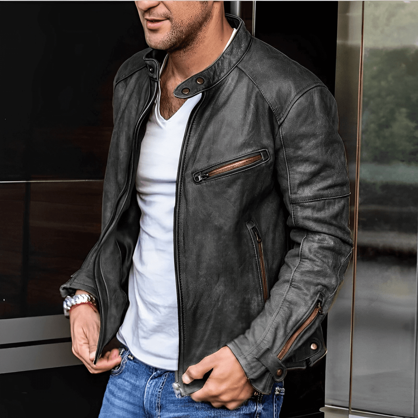 Männer Lederjacke Stylisch Schwarz - Norvielle