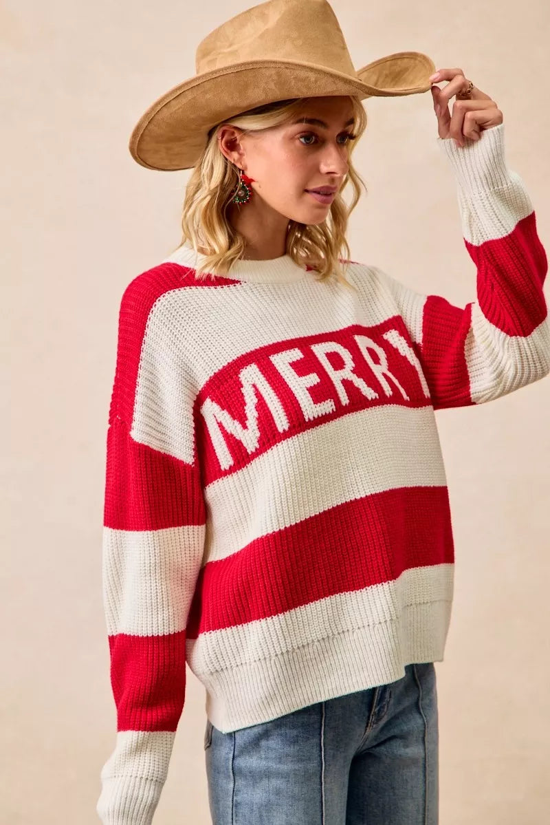 Weihnachtspullover Rot Cremefarben Gestreift Strick wird