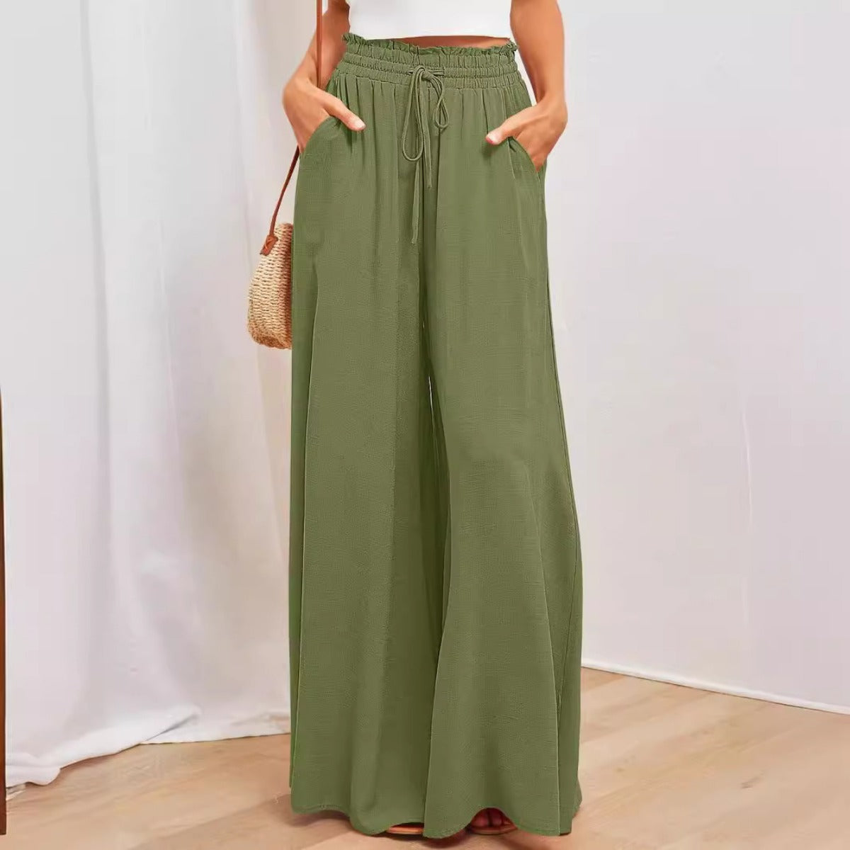 Elastischer Damen Gürtelhose Weite Bein Hohe Taille