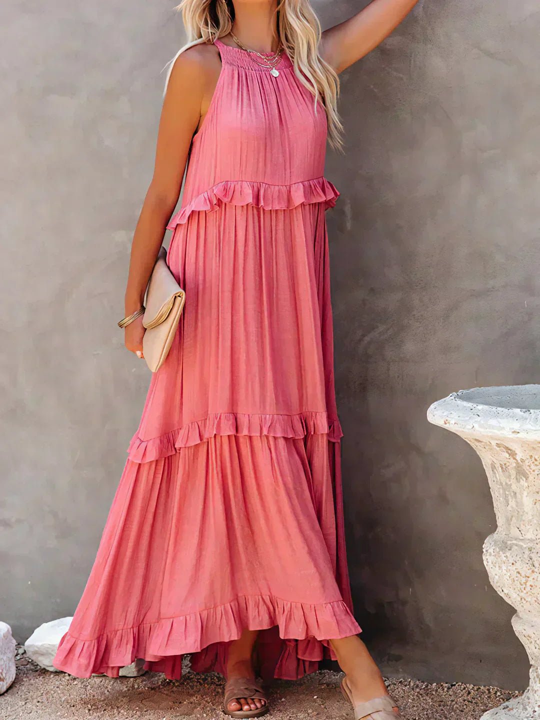 Damen Maxikleid Volants Neckholder Ausschnitt Sommerlich Feminin