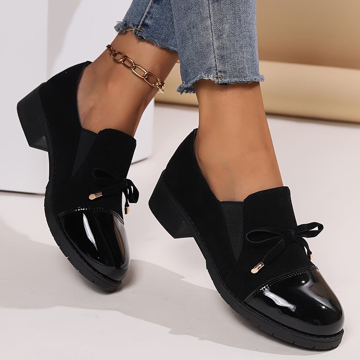 Damen Loafers Schleife Blockabsatz