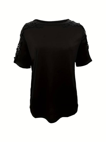Norvielle Damen Rundhals T-Shirt Einfarbig Spitzenähte