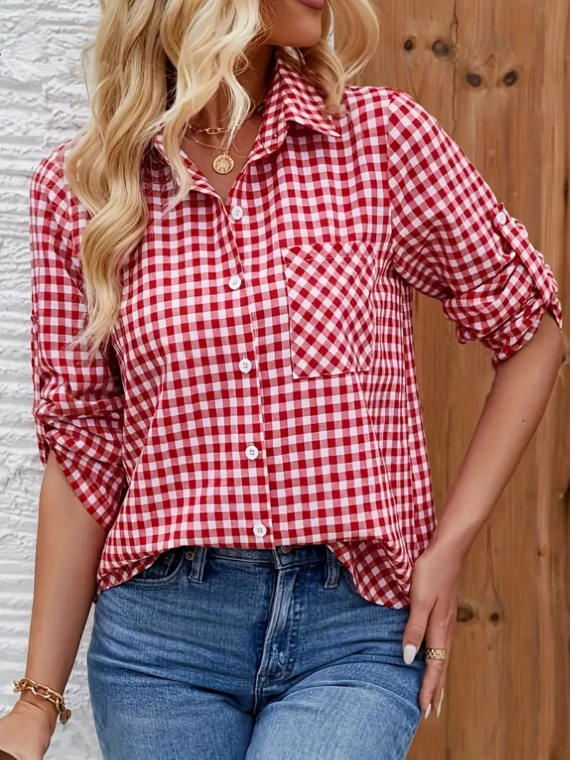 Damen Karobluse Umlegekragen Knopfleiste Elegante Bürobluse Ärmel