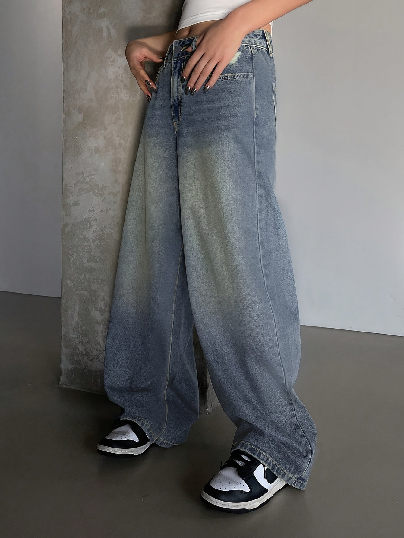 Damen Baggy Jeans Weite High Waist Gerades Bein