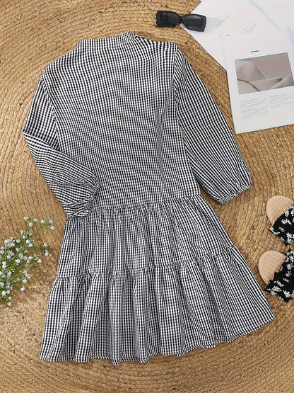 Damen Leinenkleid Karomuster 3/4 Ärmel Sommer Beige