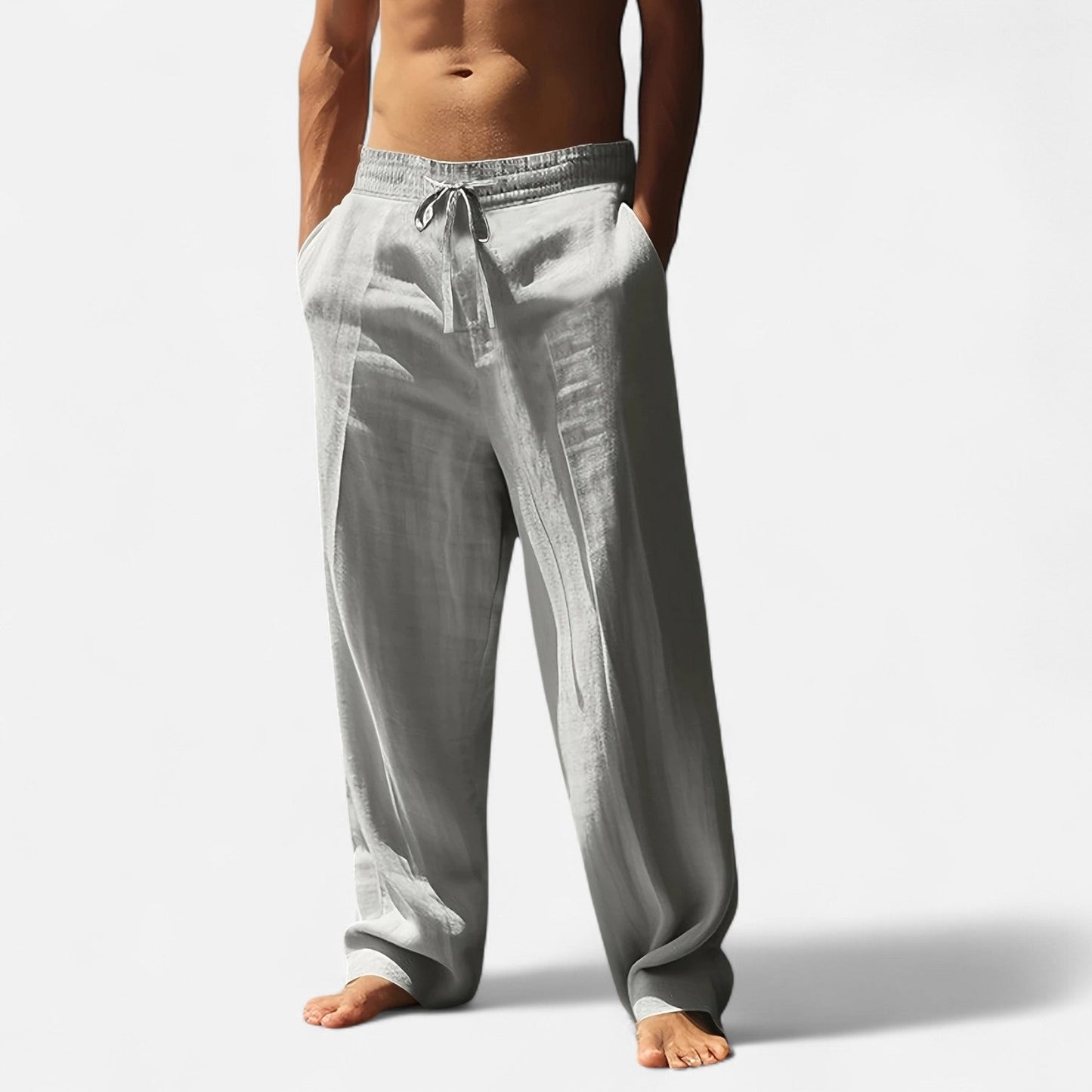 Herren Leinenhose Lockerer Schnitt Elastischer Bund Beige
