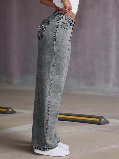 Damen High Waist Jeans Schleifendetail dunkelblau