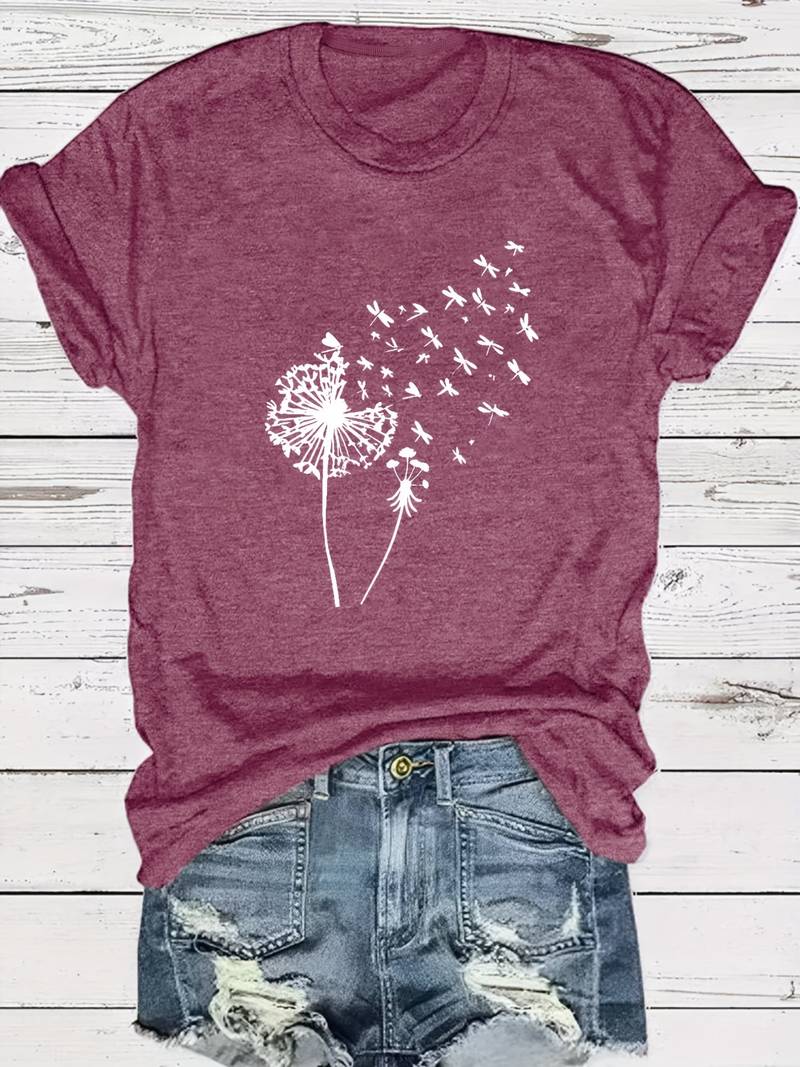 Norvielle Damen T-Shirt Löwenzahn-Print Rundhals Weiss