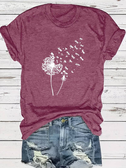 Norvielle Damen T-Shirt Löwenzahn-Print Rundhals Weiss