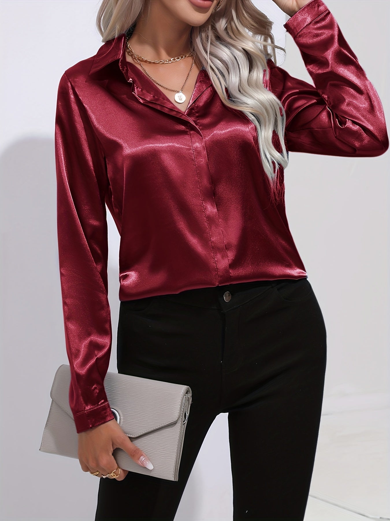 Avelyn Damen Satin-Bluse Reverskragen Knopfleiste Eleganz