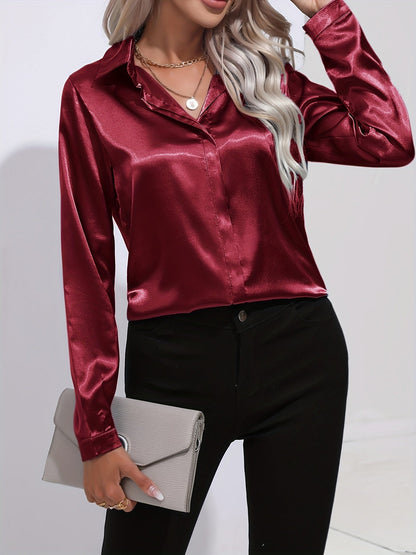 Avelyn Damen Satin-Bluse Reverskragen Knopfleiste Eleganz