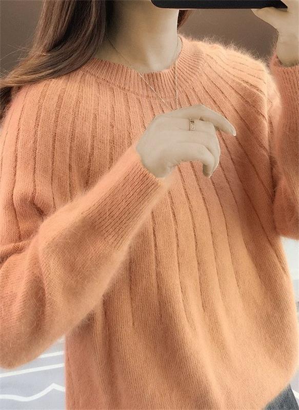 Damen Strickpullover Weich Flauschig Beige