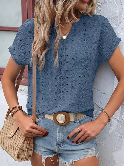 Norvielle Damen T-Shirt Eingekerbter Ausschnitt Lochstickerei