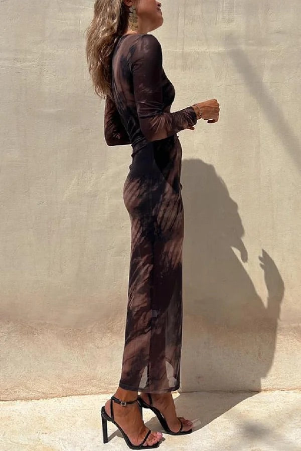 Damen Langarm Midi Kleid aus Stretch mit Rüsch und Mesh-Überzug,