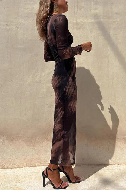 Damen Langarm Midi Kleid aus Stretch mit Rüsch und Mesh-Überzug,